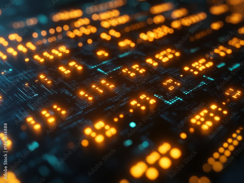 Aufkleber illuminated circuit board: a close-up shot showcases the intricate network of an illuminated circuit