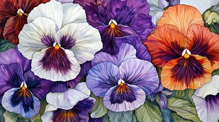 A vibrant watercolor painting featuring a variety of colorful pansies in full bloom arrangement