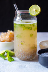 Gond katira drink with sabja seeds, mint, and lemon juice is a cooling, hydrating beverage, combining herbal flavors, citrus tang, and natural energy-boosting properties, perfect for summer.