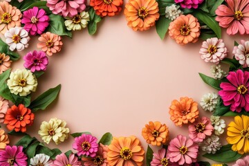 Holiday Text. Greeting Card Background with Zinnia Flowers Frame for Mother's Day Celebration