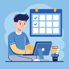 Young man with computer fills schedule calendar vector 