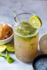 Gond katira drink with sabja seeds, mint, and lemon juice is a cooling, hydrating beverage,...