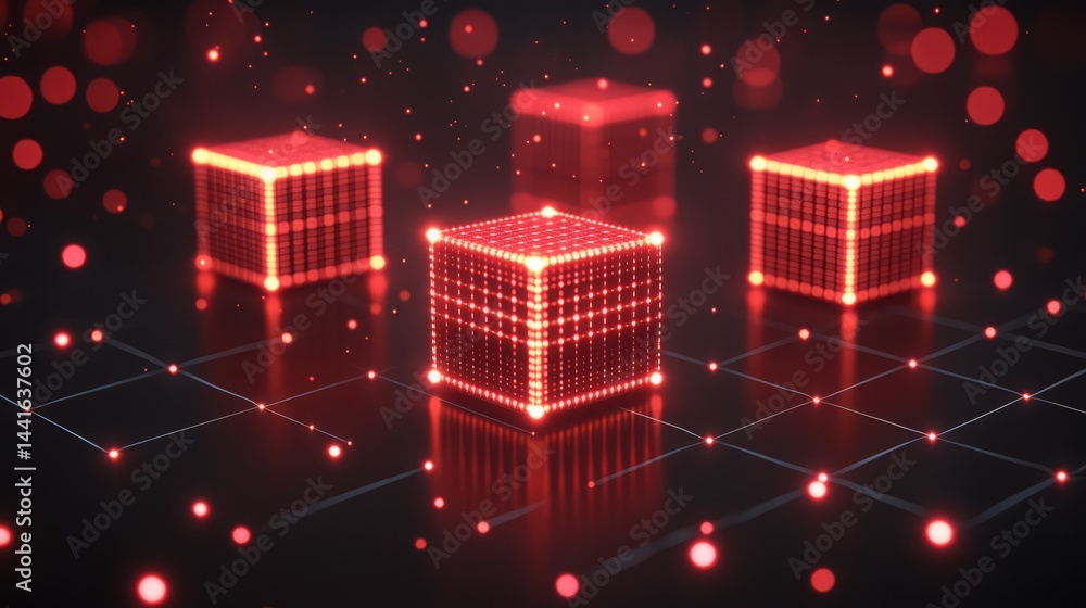 Aufkleber red cubes data network: a captivating digital artwork showcases interconnected red cubes against a b