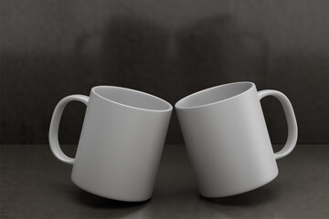 Two white ceramic mugs with slanted style facing each other and dark grey background looks beautiful and luxurious. 3d blank mock up