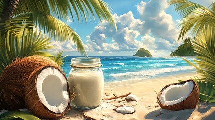 Coconuts and jar on a tropical beach with palm trees and a view of the ocean and island in the distance