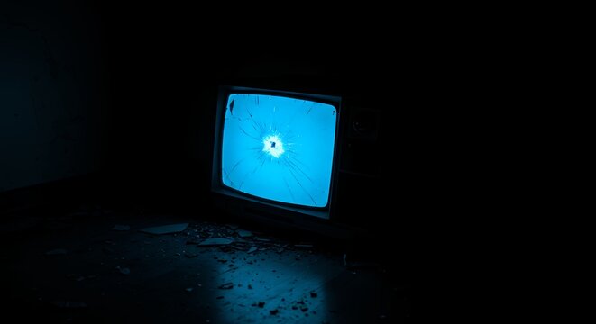 Old television set with glowing screen in dark room