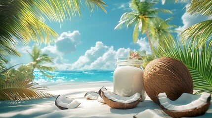Coconut and coconut milk on a beach with palm trees and a blue sky in the background scenery view
