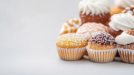 Assorted cupcakes with various toppings arranged on a light background, showcasing colorful frostings and decorative sprinkles, and close-up composition.