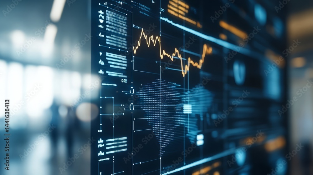 Poster financial data on display: a close-up view of a high-tech digital screen showcases complex financial
