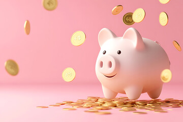 Piggy bank surrounded by falling coins, financial concept