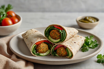 Falafel Wrap a vibrant close-up captures the delectable details of a freshly prepared falafel wrap, showcasing the vibrant ingredients.