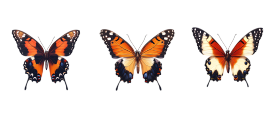 Orange and brown butterflies arranged in a row on a transparent background for educational nature posters and conservation campaigns.