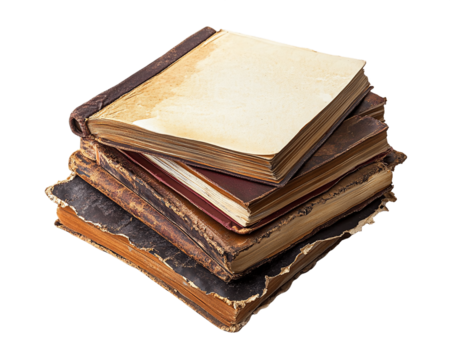 Antique Books Stack: Aged Leather Covers and Yellowed Pages, PNG