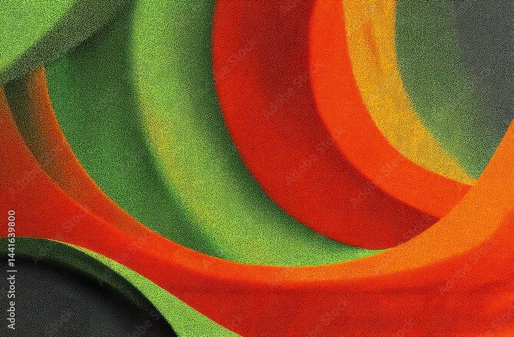 Poster close-up of colorful curved tubes with vibrant green, orange, and red hues creating an abstract and 
