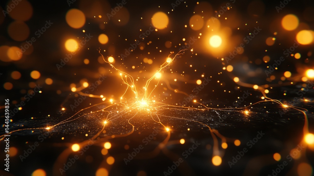 Poster cosmic spark: a mesmerizing, ethereal swirl of golden light explodes outward from a central point, c