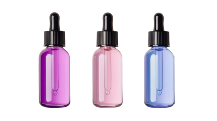 Cosmetic serum bottles, assorted colors, cut out transparent