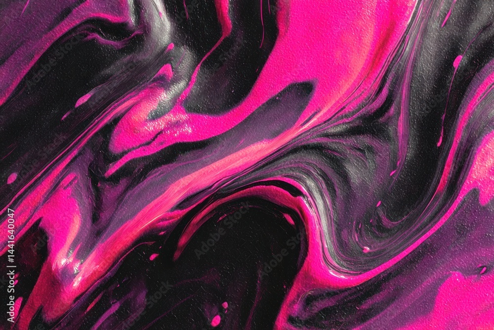Poster swirling vibrant pink and deep black abstract fluid art with dynamic flowing patterns and glossy tex