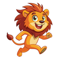 A cartoon lion character is joyfully running with a big smile, wearing a red vest and blue pants, embodying a fun and lively personality suited for children's entertainment.