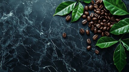 Coffee beans and green leaves on a dark marble surface creating an elegant and natural arrangement