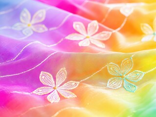 Rainbow Fabric Texture with Embroidered Flowers