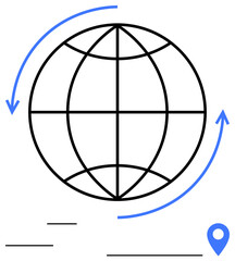 Globe with curved arrows, location pin, and horizontal lines for speed, dynamism. Ideal for travel, business, logistics, technology global reach communication navigation. Flat simple metaphor