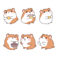Set of Cute Kawaii Orange Little Hamster Mouse Animal Cartoon Character with Potato Food in Bowl