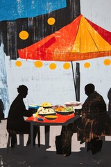 Silhouetted Figures Dining Under a Colorful Umbrella at Night Market