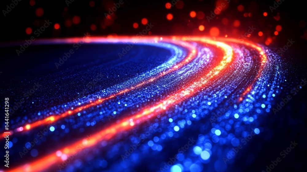 Poster digital highway: a dynamic visual of data streaming, with luminous light trails of red and blue colo