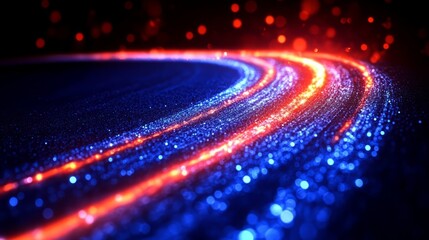 Digital Highway: A dynamic visual of data streaming, with luminous light trails of red and blue colors, representing the flow of information, technology, and modern connectivity.