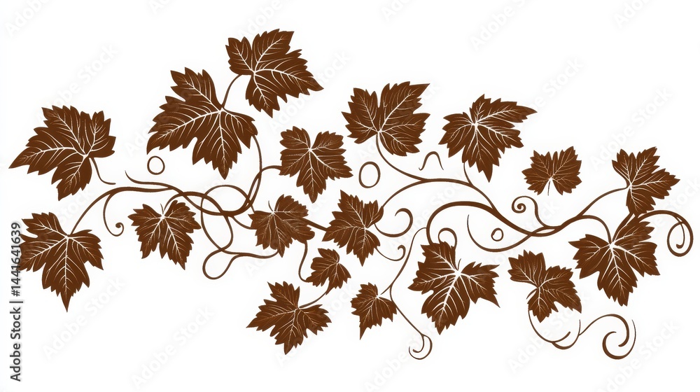 Poster a pixel art style of grape vine and leaves, with each leaf outlined in solid brown color on a white 