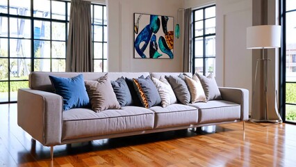 Spacious living room featuring oversized windows, plush sofa, decorative cushions, abstract artwork, floor lamp, and gleaming parquet flooring