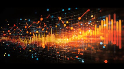 Obraz premium Digital Data visualization: This mesmerizing visual captures a vibrant display of interconnected data points, pulsating with energy against a dark background.