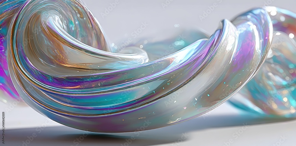 Poster close-up of a glossy, iridescent twisted ribbon-like form with smooth, flowing curves reflecting sof