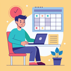 Young man with computer fills schedule calendar vector 