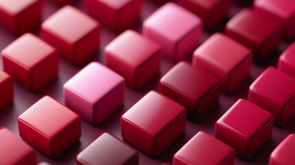 An abstract arrangement of red and pink cubes in a grid pattern with soft lighting and reflections