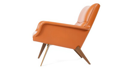Orange Leather Armchair with Wooden Legs on White Background