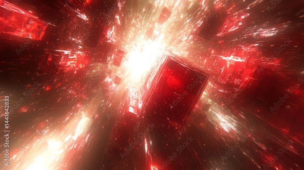 Poster red energy burst: abstract image of red energy cubes exploding with light streaks and an intense bur