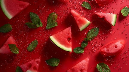 Overhead view of watermelon slices and mint leaves on a red surface with sugar crystals scattered around