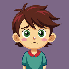 Obraz premium The young boy looks concerned, his large green eyes conveying a sense of worry as he stands still in a colorful sweater, emphasizing his emotional state.