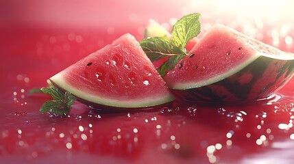 Two watermelon slices with mint leaves on a red surface with water droplets creating a refreshing scene