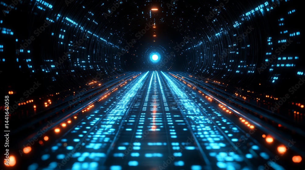 Poster digital tunnel: a captivating illustration of a digital tunnel, bathed in neon light and futuristic 