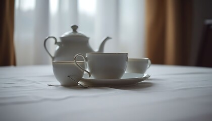 Fototapeta premium white table topped with two cups and a saucer