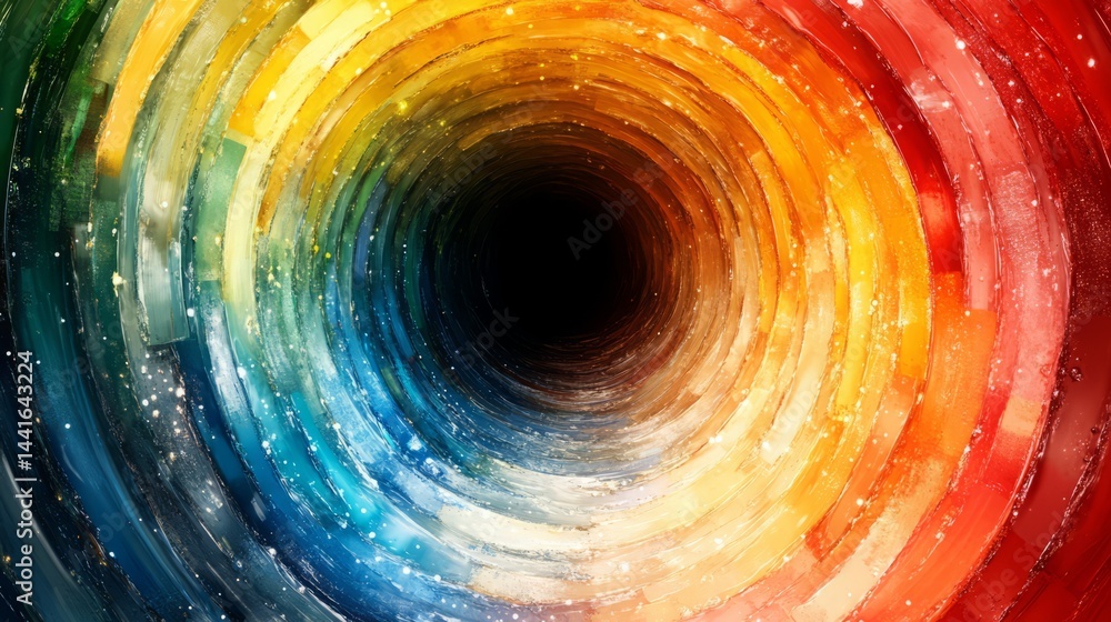 Poster chromatic vortex: a mesmerizing display of swirling colors converges towards a central dark void, cr