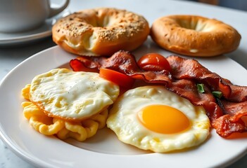 white plate topped with eggs, bacon and a bagel