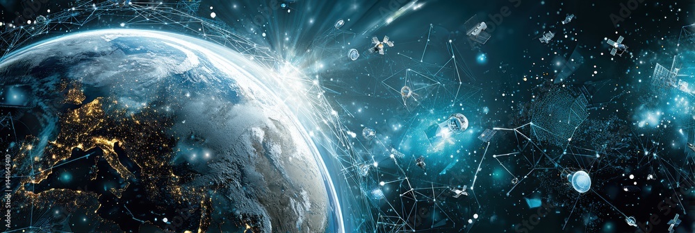Poster earth viewed from space surrounded by digital satellites and streams of data highlighting global con