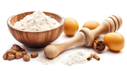 Still life of baking ingredients including flour eggs nuts cinnamon and a wooden rolling pin tool