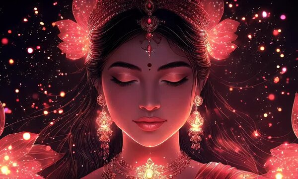 Lakshmi with stylized facial features, simple crown and flowing sari