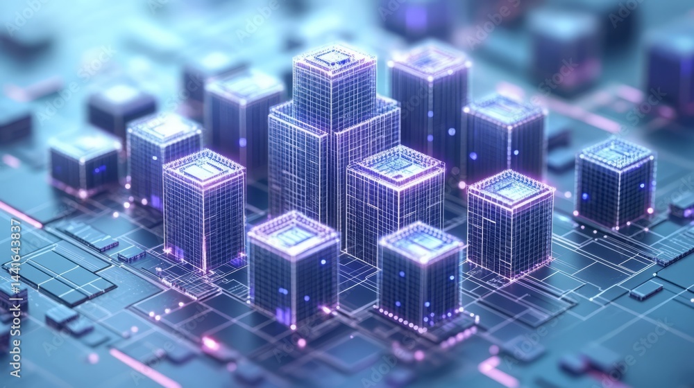 Poster cybernetic cityscape: an illuminated futuristic cityscape formed from a network of interconnected di