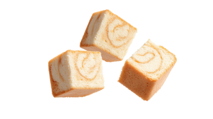 Three Light and Fluffy Cake Cubes with a Swirl Design on a Transparent Background