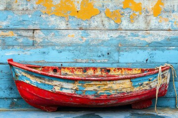 Colorful weathered wooden boat against a textured wall.